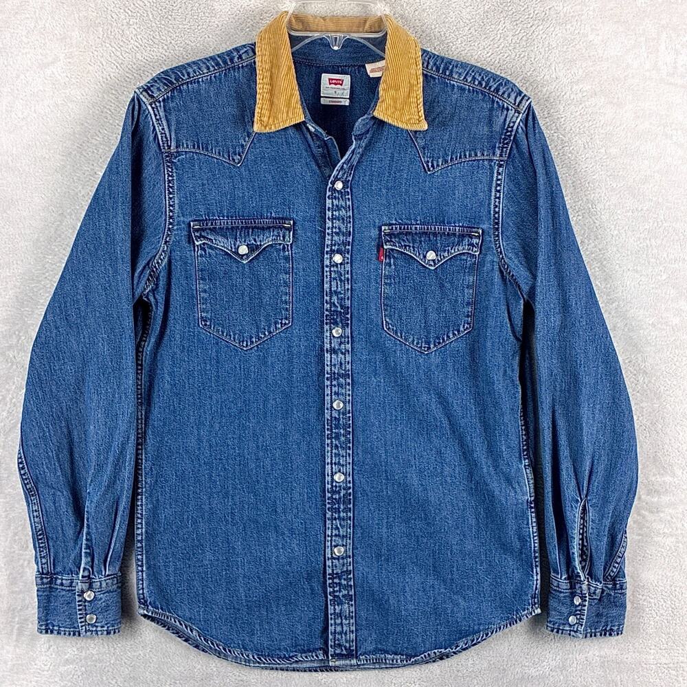 Levis Denim Shirt Mens S Corduroy Collar Pearl Snap Western Workwear Cowboy